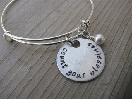 Count Your Blessings Inspiration Bracelet- "count your blessings" - Hand-Stamped Bracelet- Adjustable Bangle Bracelet with an accent bead of your choice