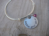 Follow Your Bliss Inspiration Bracelet- "follow your bliss" - Hand-Stamped Bracelet- Adjustable Bangle Bracelet with an accent bead of your choice