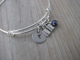 Book Charm Bracelet -Adjustable Bangle Bracelet with an Initial Charm and an Accent Bead of your choice