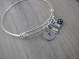 Book Charm Bracelet -Adjustable Bangle Bracelet with an Initial Charm and an Accent Bead of your choice