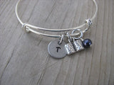 Book Charm Bracelet -Adjustable Bangle Bracelet with an Initial Charm and an Accent Bead of your choice