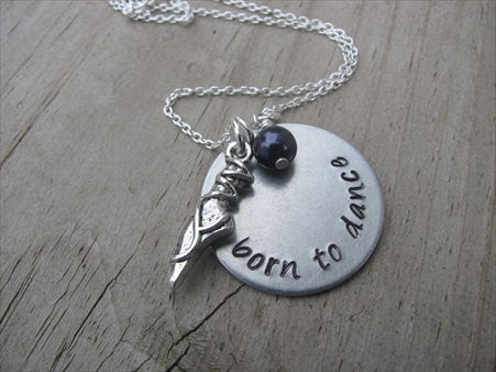 Dancer's Inspiration Necklace- "born to dance" with ballet shoe charm - Hand-Stamped Necklace with an accent bead in your choice of colors