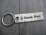 Beach Keychain - "Beach Bum" with stamped palm tree - Hand Stamped Metal Keychain- small, narrow keychain