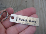 Beach Keychain - "Beach Bum" with stamped palm tree - Hand Stamped Metal Keychain- small, narrow keychain