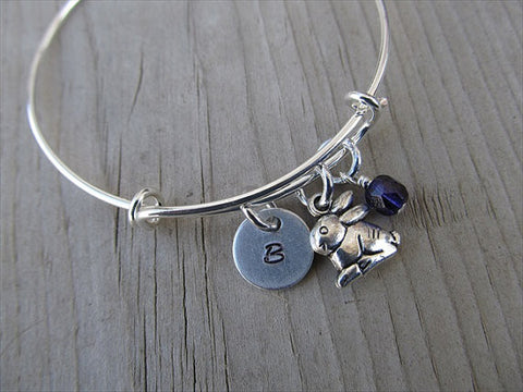 Rabbit Charm Bracelet- Adjustable Bangle Bracelet with an Initial Charm and an Accent Bead of your Choice