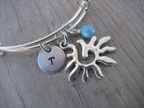 Sunburst Charm Bracelet- Adjustable Bangle Bracelet with an Initial Charm and an Accent Bead of your choice