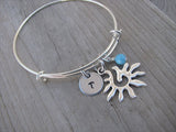 Sunburst Charm Bracelet- Adjustable Bangle Bracelet with an Initial Charm and an Accent Bead of your choice