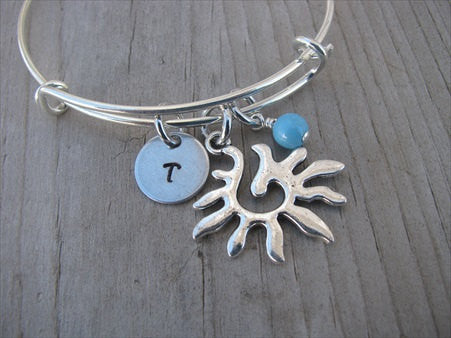 Sunburst Charm Bracelet- Adjustable Bangle Bracelet with an Initial Charm and an Accent Bead of your choice