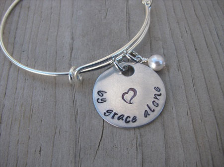 Grace Inspiration Bracelet- "by grace alone" with stamped heart- Hand-Stamped Bracelet- Adjustable Bangle Bracelet with an accent bead of your choice