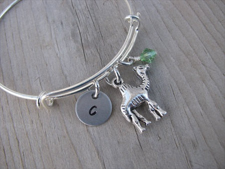 Camel Charm Bracelet -Adjustable Bangle Bracelet with an Initial Charm and an Accent Bead of your choice