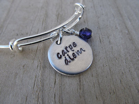 Carpe Diem Inspiration Bracelet- "carpe diem" - Hand-Stamped Bracelet- Adjustable Bangle Bracelet with an accent bead of your choice