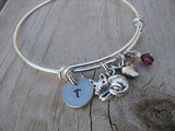 Cat Charm Bracelet -Adjustable Bangle Bracelet with an Initial Charm and an Accent Bead of your choice