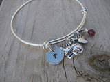 Cat Charm Bracelet -Adjustable Bangle Bracelet with an Initial Charm and an Accent Bead of your choice