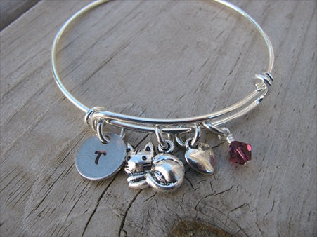 Cat Charm Bracelet -Adjustable Bangle Bracelet with an Initial Charm and an Accent Bead of your choice