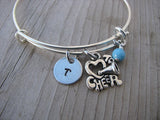 Cheer Charm Bracelet -Adjustable Bangle Bracelet with an Initial Charm and an Accent Bead of your choice