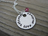 Cherish Love Embrace Inspiration Necklace- "cherish love embrace" - Hand-Stamped Necklace with an accent bead in your choice of colors