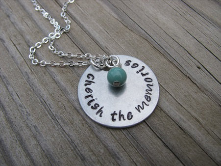 Cherish the Memories Inspiration Necklace- "cherish the memories" - Hand-Stamped Necklace with an accent bead in your choice of colors