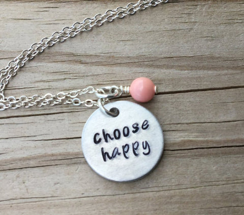 Choose Happy Necklace- Hand-Stamped Necklace "choose happy" with an accent bead in your choice of colors