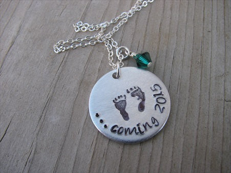 Pregnancy Announcement Necklace- Expectant Mother Necklace, Baby Shower Gift- hand-stamped footprints, "...coming 2015"  - Hand-Stamped Necklace with an accent bead of your choice