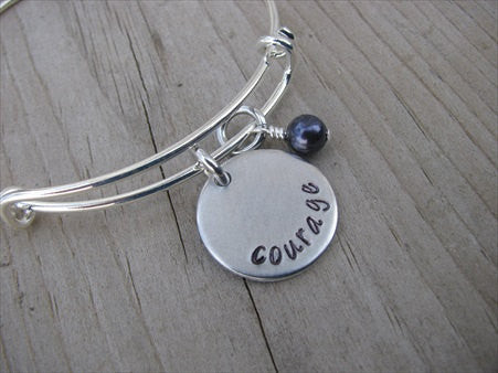 Courage Inspiration Bracelet- "courage"  - Hand-Stamped Bracelet  -Adjustable Bangle Bracelet with an accent bead of your choice