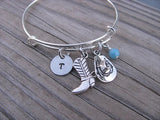 Cowgirl Charm Bracelet -Adjustable Bangle Bracelet with an Initial Charm and an Accent Bead of your choice