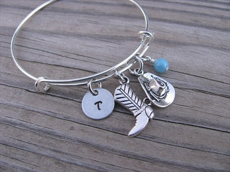Cowgirl Charm Bracelet -Adjustable Bangle Bracelet with an Initial Charm and an Accent Bead of your choice