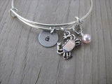Crab Charm Bracelet -Adjustable Bangle Bracelet with an Initial Charm and an Accent Bead of your choice