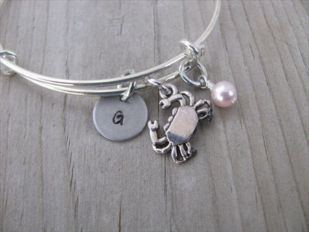 Crab Charm Bracelet -Adjustable Bangle Bracelet with an Initial Charm and an Accent Bead of your choice