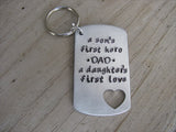 Gift for Dad- Inspirational Keychain- Brushed Silver Keychain with Heart Cut-out "Dad a son's first hero a daughter's first love"  - Hand Stamped Metal Keychain