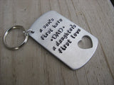 Gift for Dad- Inspirational Keychain- Brushed Silver Keychain with Heart Cut-out "Dad a son's first hero a daughter's first love"  - Hand Stamped Metal Keychain