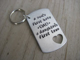 Gift for Dad- Inspirational Keychain- Brushed Silver Keychain with Heart Cut-out "Dad a son's first hero a daughter's first love"  - Hand Stamped Metal Keychain