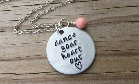 Dance Inspiration Necklace- "dance your heart out" - Hand-Stamped Necklace with an accent bead in your choice of colors
