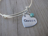 Personalized Heart Bracelet- Hand-Stamped heart with a name of your choice  - Hand-Stamped Bracelet -Adjustable Bangle Bracelet with an accent bead of your choice