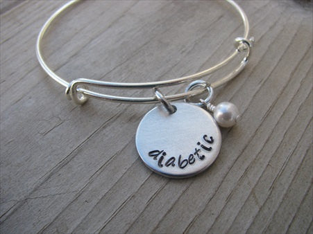 Diabetic Bracelet - Hand-Stamped Medical Alert Bracelet " diabetic"   -Adjustable Bangle Bracelet with an accent bead of your choice