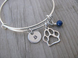 Dog Paw Charm Bracelet -Adjustable Bangle Bracelet with an Initial Charm and an Accent Bead of your choice