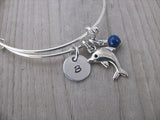 Dolphin Charm Bracelet -Adjustable Bangle Bracelet with an Initial Charm and an Accent Bead of your choice