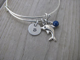 Dolphin Charm Bracelet -Adjustable Bangle Bracelet with an Initial Charm and an Accent Bead of your choice