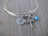 Dragonfly Charm Bracelet- Adjustable Bangle Bracelet with Initial Charm and an Accent bead in your choice of colors