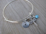 Dragonfly Charm Bracelet- Adjustable Bangle Bracelet with Initial Charm and an Accent bead in your choice of colors