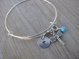 Dragonfly Charm Bracelet- Adjustable Bangle Bracelet with Initial Charm and an Accent bead in your choice of colors