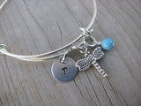 Dragonfly Charm Bracelet- Adjustable Bangle Bracelet with Initial Charm and an Accent bead in your choice of colors