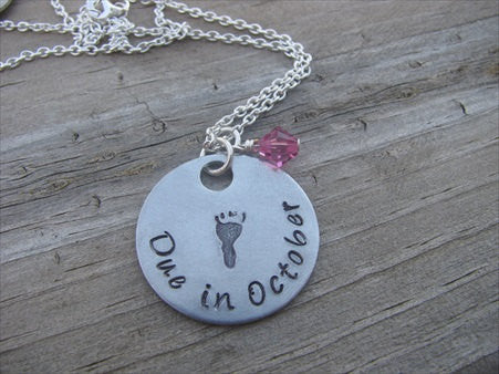 Expectant Mother Necklace, Baby Shower Gift- hand-stamped footprint, with "Due in (month)" - Hand-Stamped Necklace with an accent bead in your choice of colors