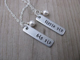 Sisters Necklaces- 2 Necklace Set- "big sis", "little sis" rectangle pendants-- Hand-Stamped Necklaces with an accent bead of your choice