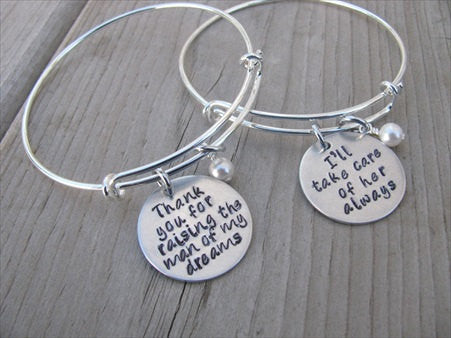 Bracelet Set- Mother in Law Gifts- "Thank you for raising the man of my dreams" and "I'll take care of her always"  - Hand-Stamped Bracelets- Adjustable Bangle Bracelets with an accent bead of your choice