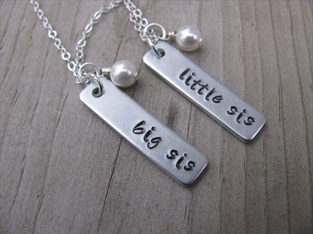 Sisters Necklaces- 2 Necklace Set- "big sis", "little sis" rectangle pendants-- Hand-Stamped Necklaces with an accent bead of your choice