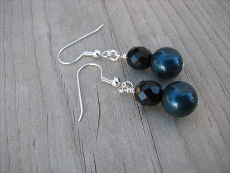 Peacock Blue/Petrol Blue and Black Beaded Earrings