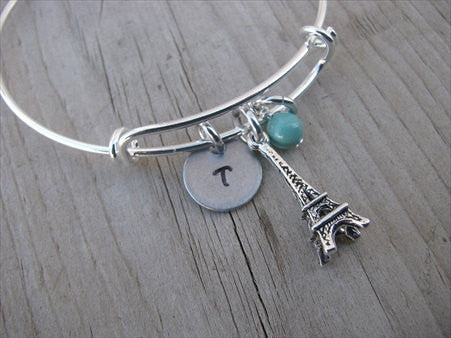 Eiffel Tower Charm Bracelet with an Initial Charm and Accent Bead in your choice of colors