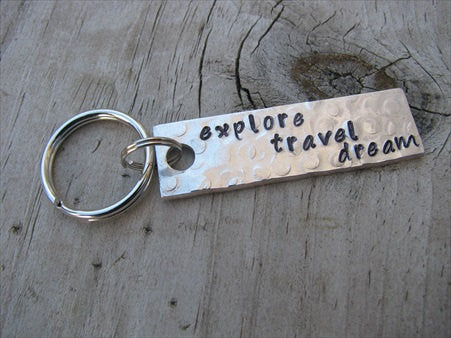 Explore Travel Dream Inspiration Keychain - "explore travel dream" - Hand Stamped Metal Keychain- small, narrow keychain