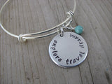 Explore Travel Dream Bracelet- "explore travel dream" - Hand-Stamped Bracelet- Adjustable Bangle Bracelet with an accent bead of your choice