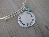 Explore Travel Dream Bracelet- "explore travel dream" - Hand-Stamped Bracelet- Adjustable Bangle Bracelet with an accent bead of your choice